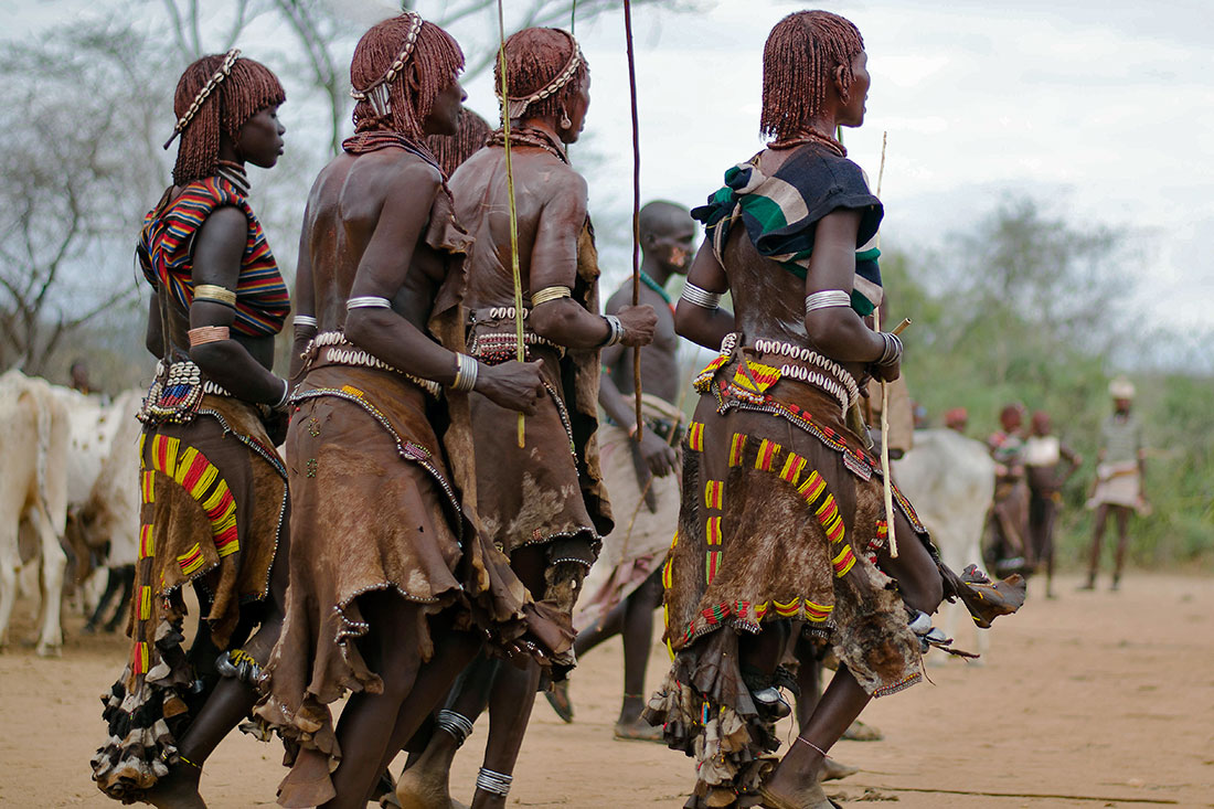 mulheres hammer do vale do omo que dançam durante a cerimónia do "bull jumping"