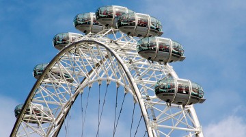 parte da roda do London Eye contra um céu azul em Londres