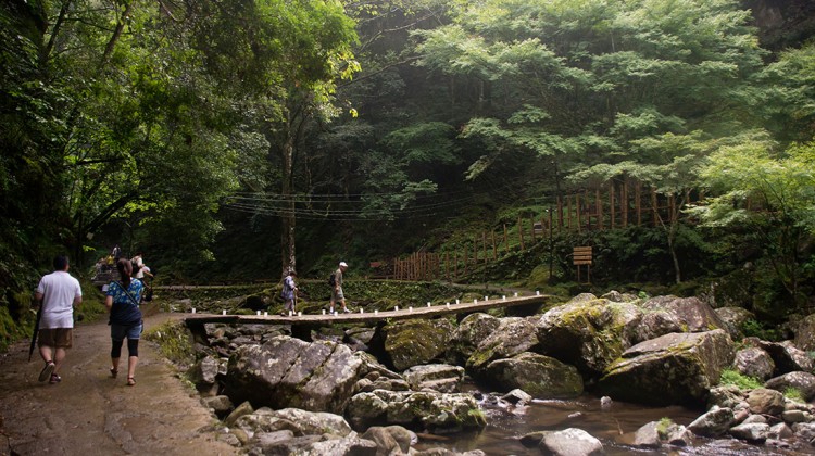 Japoneses no percurso pedestre e numa ponte sobre o rio em Akame.