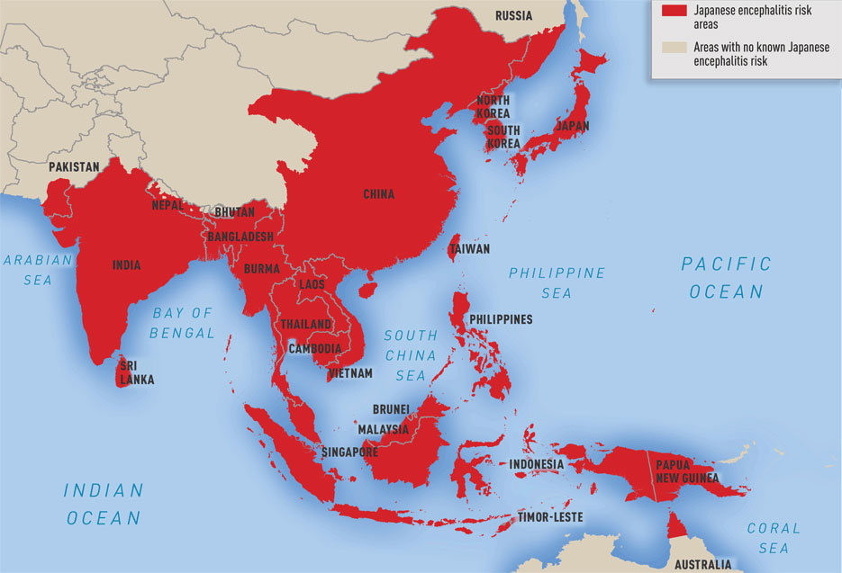 Mapa com a distribuição da Encefalite Japonesa pelo mundo e os países onde predomina.