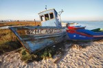 Barcos de pesca abandonados numa praia da Carrasqueira.