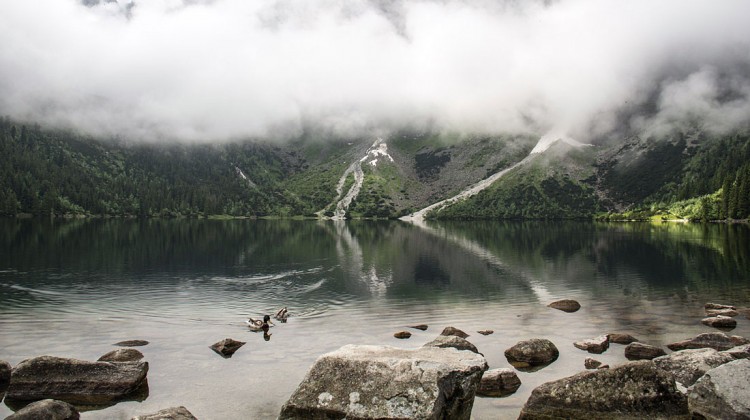 Grandes pedras junto à margem do lago Morskie Oko no Parque Nacional do Tatras.